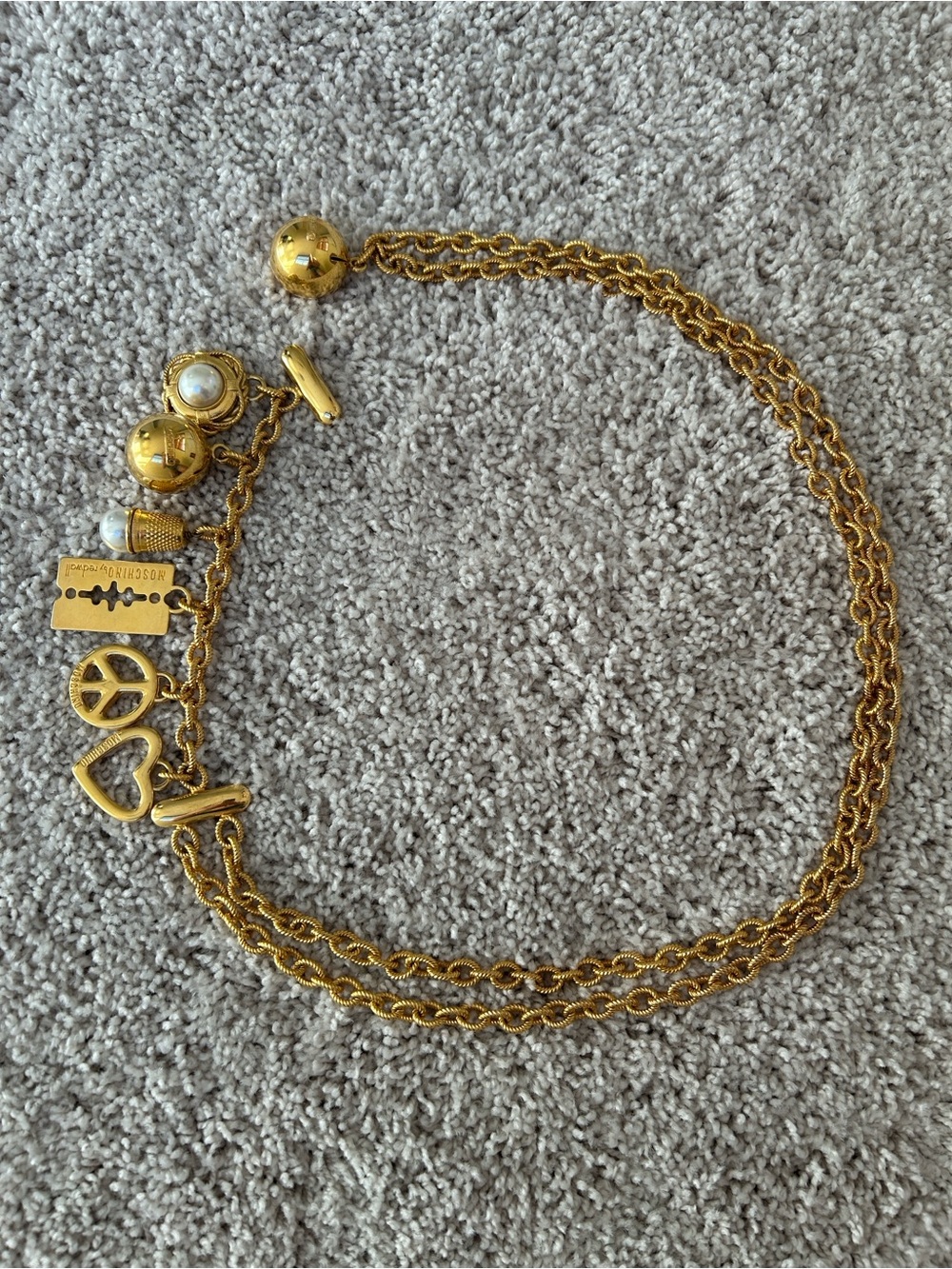 VTG 90s MOSCHINO Gold-Tone Charm Chain Belt w/Faux Pearls, Heart, and Peace Sign